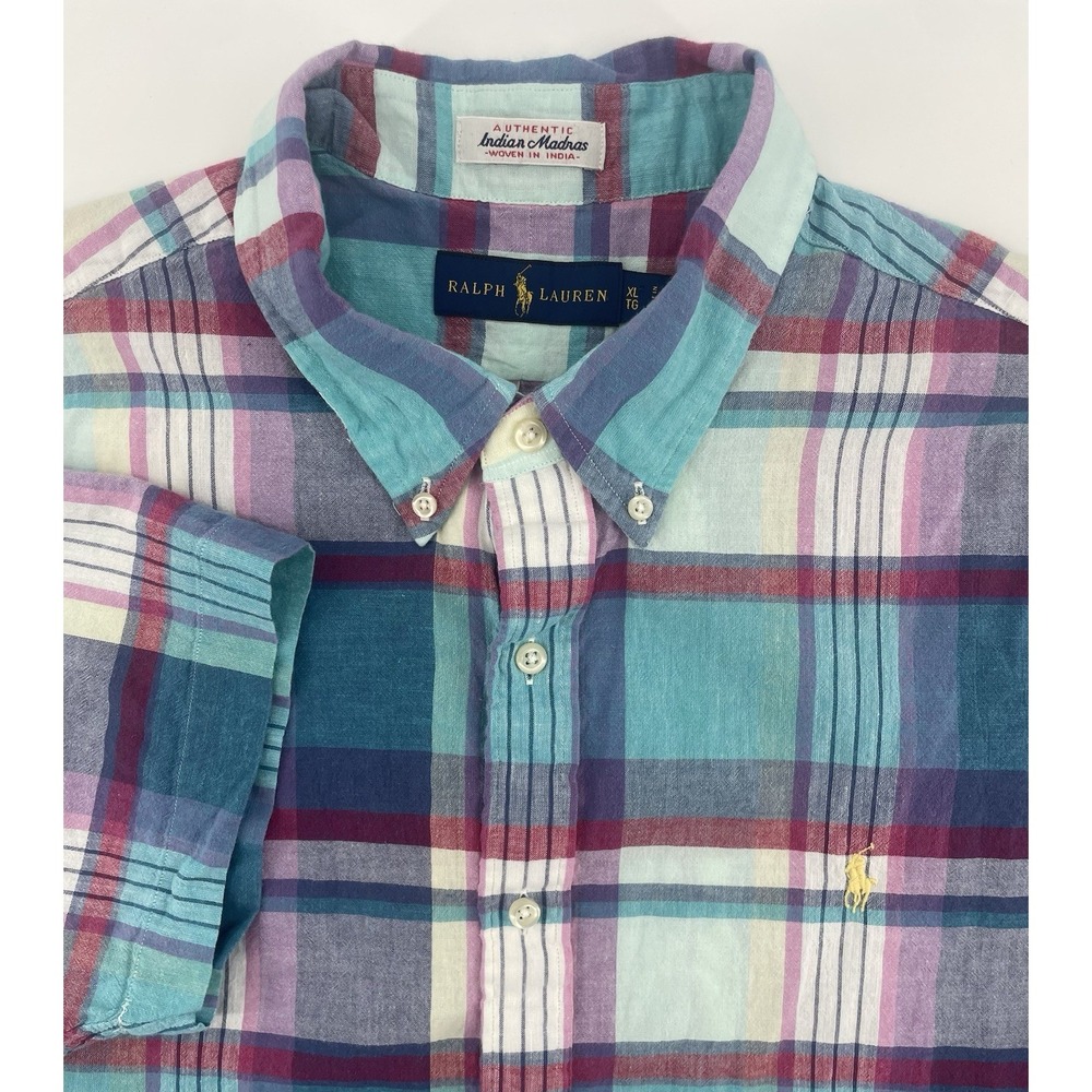 Ralph Lauren Madras Shirt Mens XL Multi Plaid Short Sleeve Button Down Hamptons
